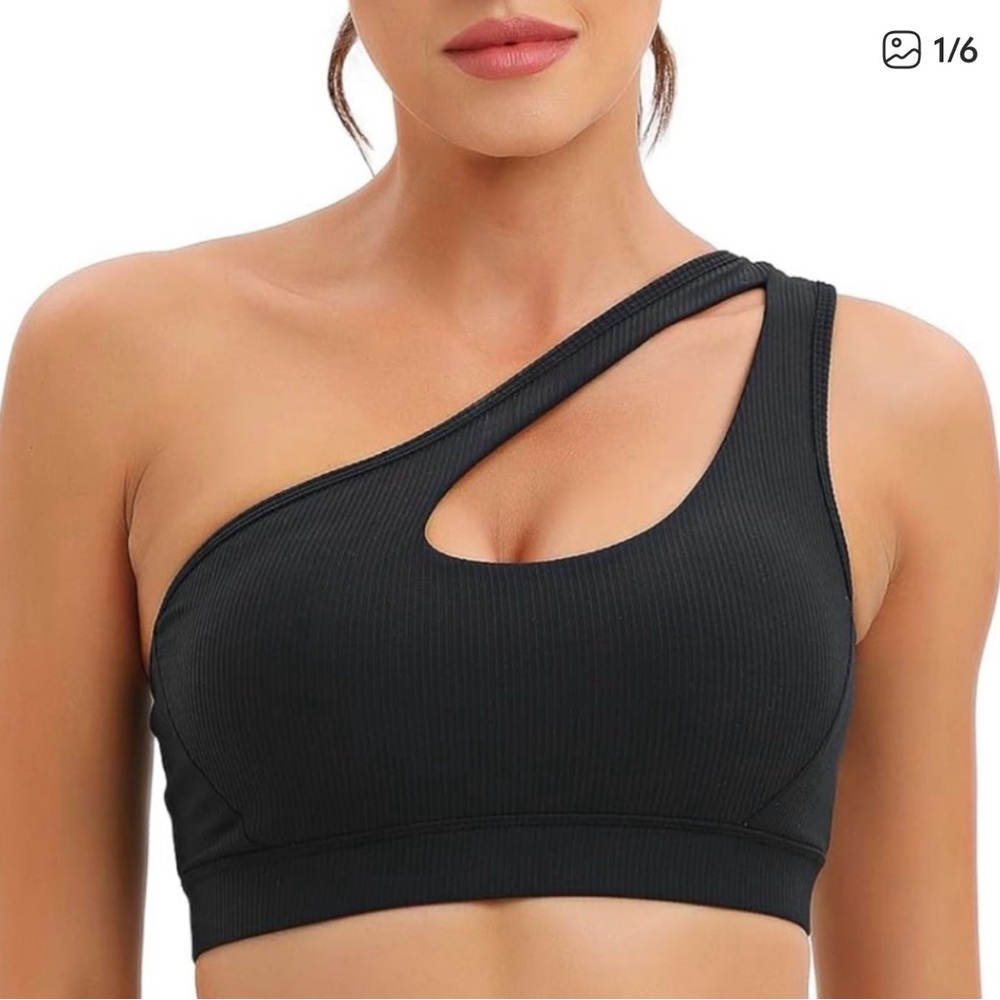 Black one shoulder ribbed Sports Bra medium